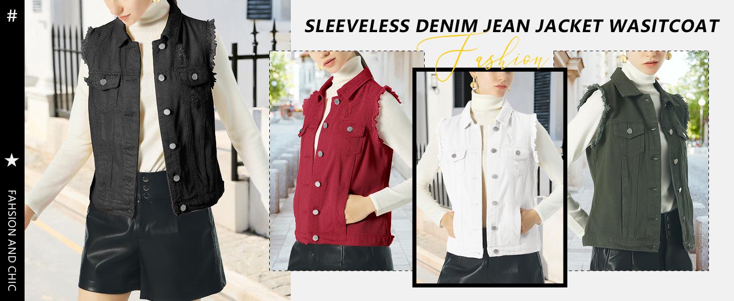 Ebossy Women's Candy Color Slim Fit Sleeveless Distressed Denim Jean Vest Jacket with Button-Flap Chest Pockets & Side Seam Pockets Ebossy Women's Candy Color Slim Fit Sleeveless Distressed Denim Jean Vest Jacket with Button-Flap Chest Pockets & Side Seam Pockets