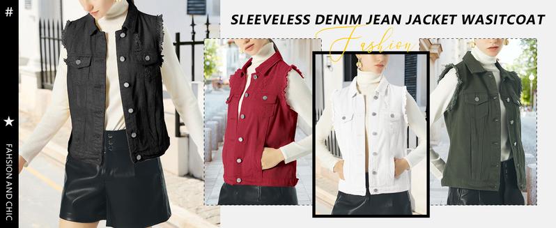 【New Arrival】Ebossy Women's Candy Color Slim Fit Sleeveless Distressed Denim Jean Vest Jacket with Button-Flap Chest Pockets & Side Seam Pockets