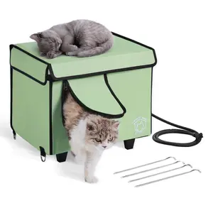Elevated Heated Cat House Cuboid Kitty Shelter With Heated Pad Green (S) - Durable Indoor Outdoor Pet Furniture, Weatherproof Cozy Enclosed Cat Den, Removable Washable Cushion, Easy Assembly, Non Slip, Energy Efficient Warmth