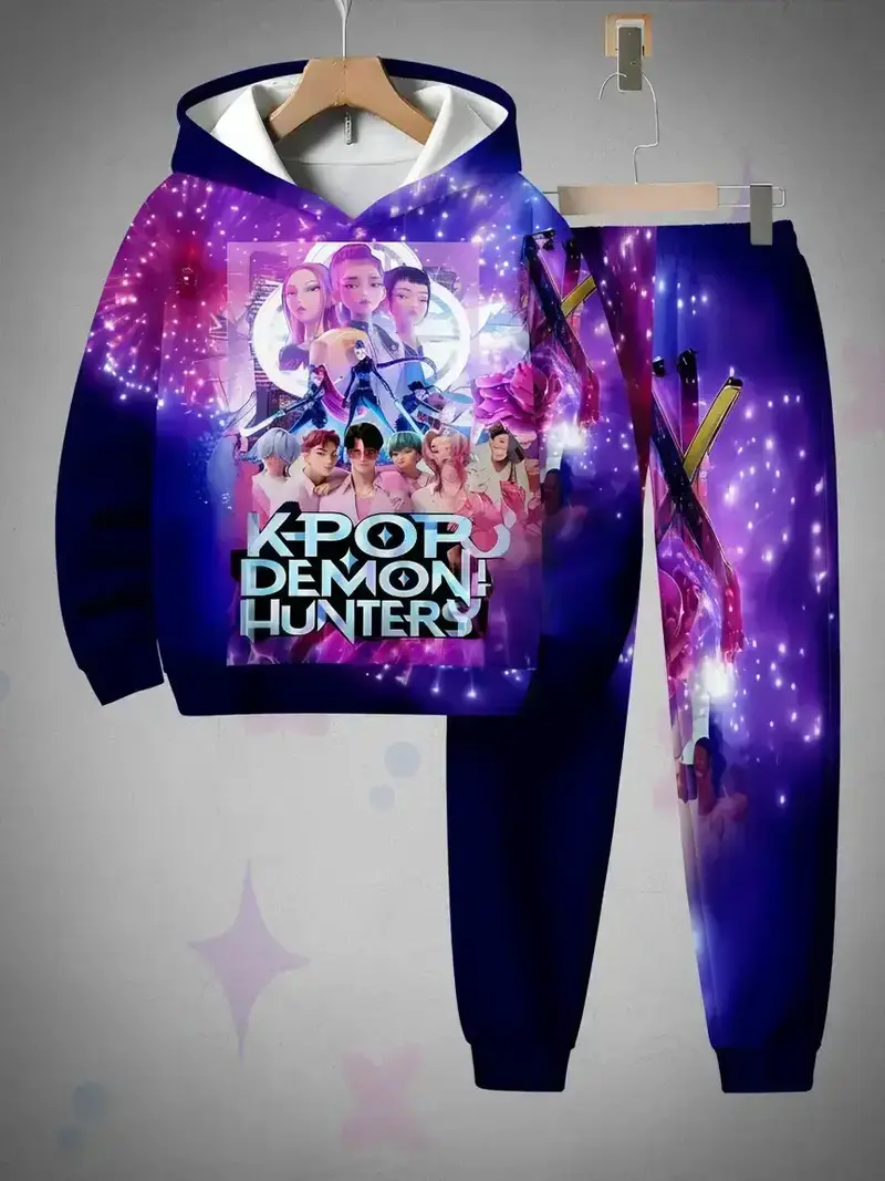 K-Pop Demon Hunter Theme Hoodie Set, Blue Casual Sweatshirt & Pants, All over Print, Fall Winter Fashion, Moderate Fabric