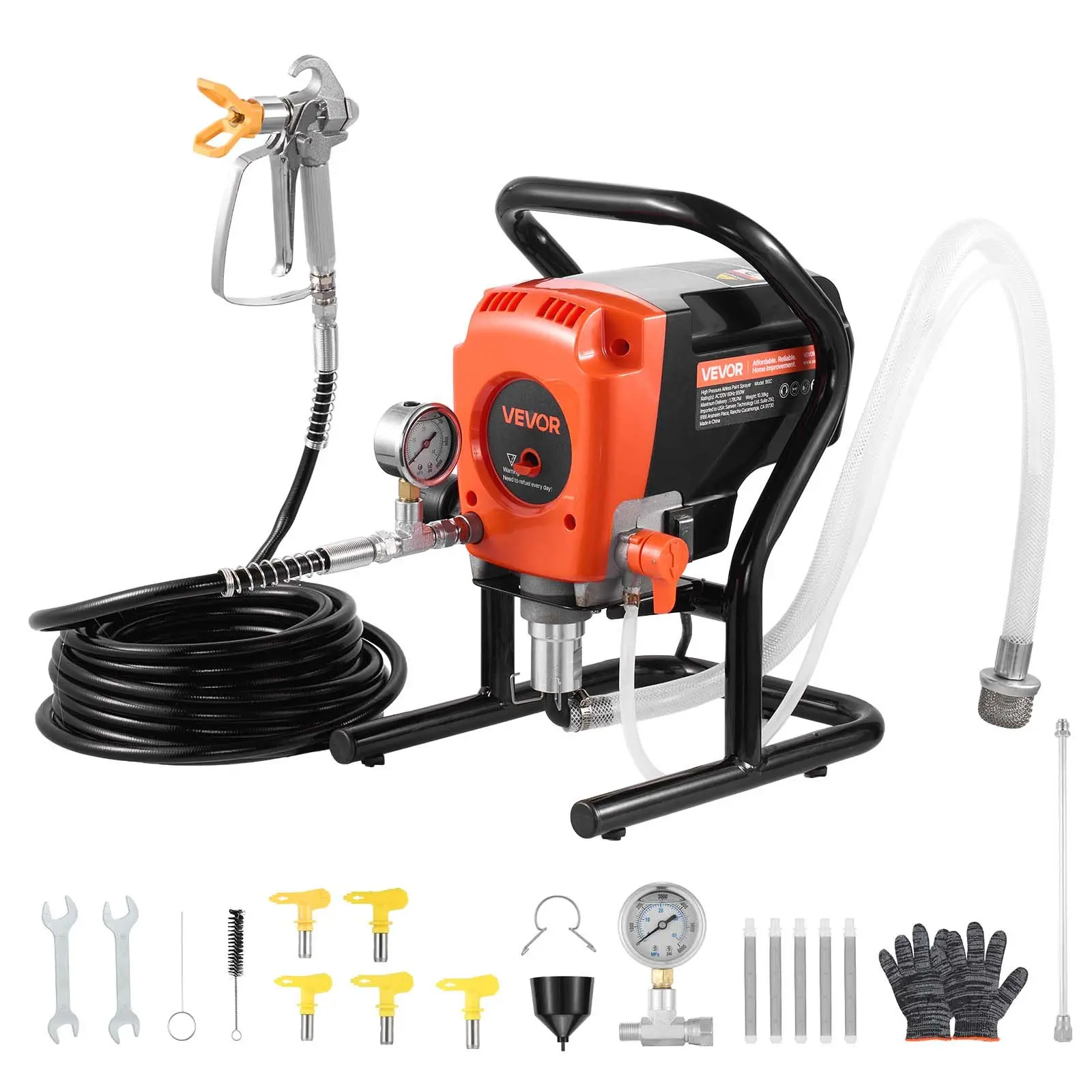 VEVOR Stand Airless Paint Sprayer, 900W, 3300PSI High Pressure Airless Sprayer, Cleaning Brush, Hose, Extension Rod, Nozzles, Electric Spray Paint Machine for Interior or Exterior of House, Fence