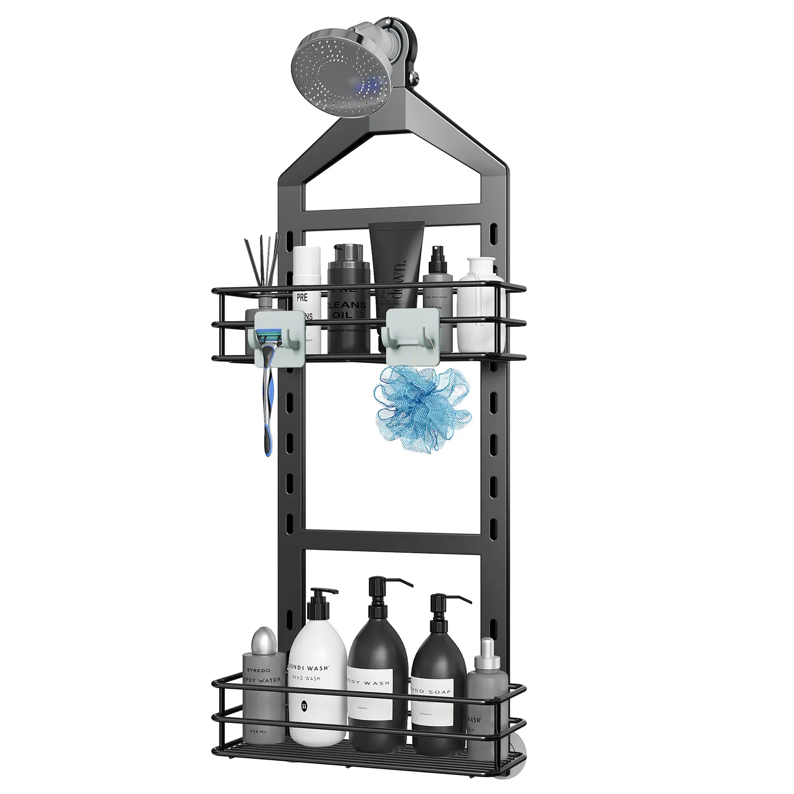 Nieifi 2-Tier Anti-Slip Hanging Shower Caddy Shelf, Black No-Drill Rustproof Adjustable Bathroom Organizer Supplies with Hooks for Shampoo, Body Wash