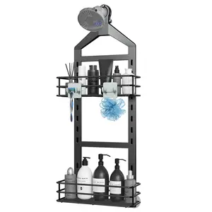 Nieifi 2-Tier Anti-Slip Hanging Shower Caddy, Black No-Drill Rustproof Adjustable Bathroom Organizer with Hooks for Shampoo, Body Wash