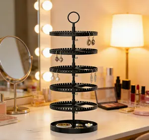 Black 360-Degree Rotating Earring Stand, Makeup Vanity Accessory for Indoor Vanity Setup
