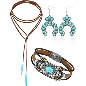 3 Pcs Western Jewelry for Women Bohemian Set, Boho Pendant Long Choker, Faux Leather Layered Bracelet, Dangle Earrings(Classic Style)