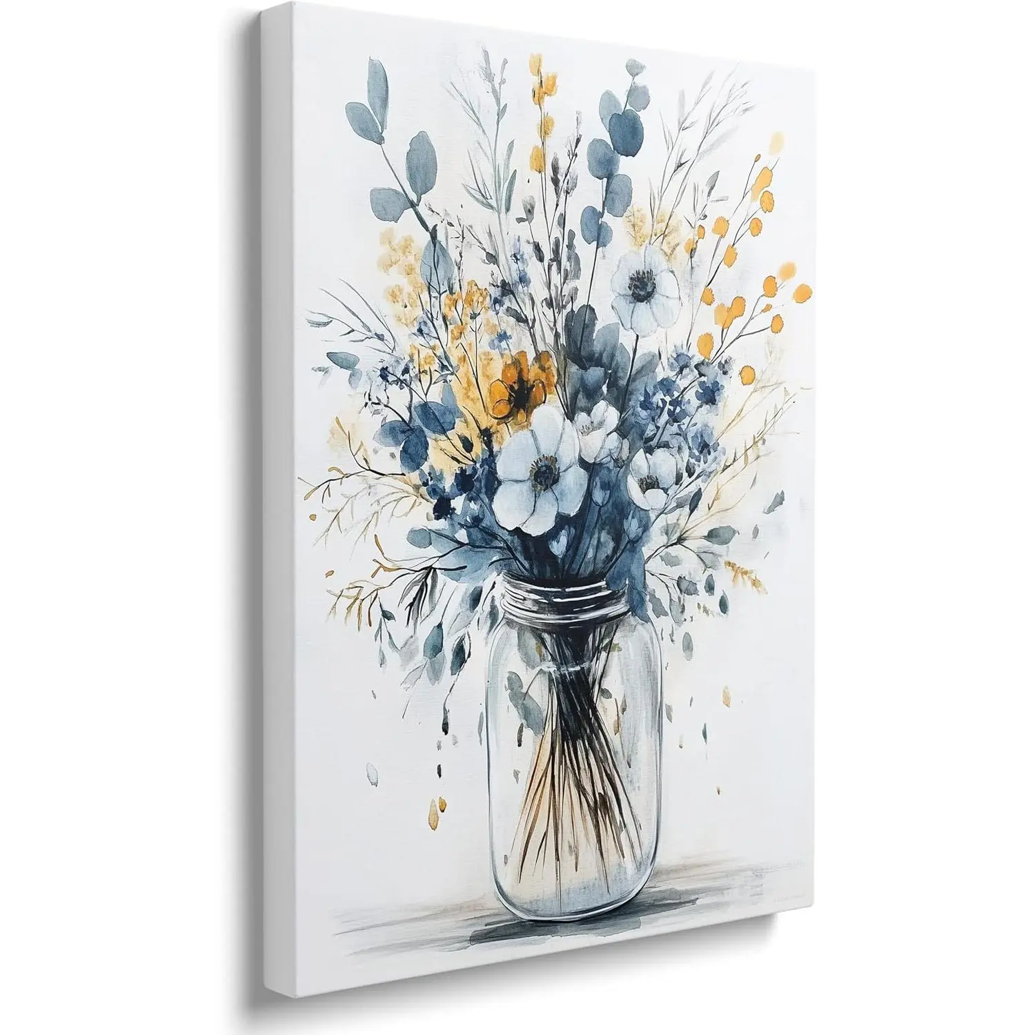 Framed Navy Blue Wood Vintage Daisy Floral Wall Art, 16"x24" Modern Retro Rustic Canvas Print Poster, Home Decor Gift for Living Room Bathroom, Framed Prints, Illustrated Art Prints