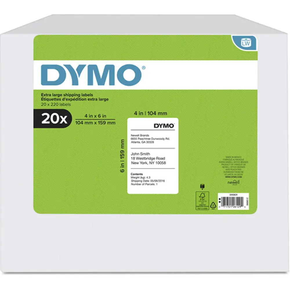 Dymo Extra Large White Shipping Labels for LabelWriter 4XL/5XL, 4x6in, 220 Labels per Roll, 20-Roll Pack
