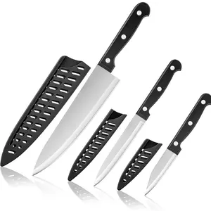 Kitchen Knife, 3-Pcs Knife Set With Sheath, 8 Inch Chef Knife, 4.5 Inch Utility Knife, 4 Inch Paring Chef Knife, Stainless Steel, Black