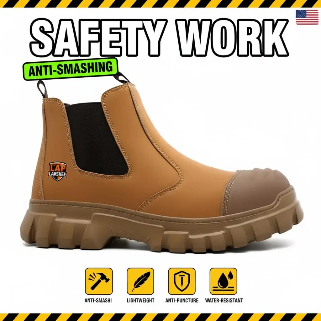 Lightweight Brown Work Shoes with Steel Toe, Breathable Safety Sneakers, Non Slip Sole, Splash Proof and Anti Puncture Design for Roofing, Renovation and Jobsite Protection