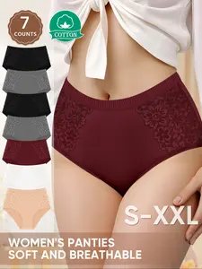 7 Pack Cotton Women's High Waist Briefs with Lace Trim, Soft Breathable Shaping Underwear for All Seasons, Comfortable Fitted Women's Panties