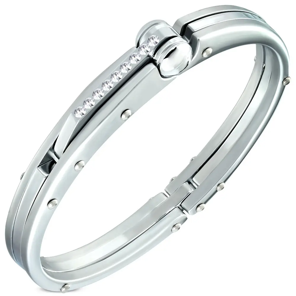 My Daily Styles Men's Polished Alloy Handcuff Bracelet with Rhinestone Accents, Elegant Jewelry for Work & Date Night, Rhinestone Bracelet, Diamond Gems, Polished Look, 0.35 Inches Width, 2.30 Inches Diameter, 2.3X0.35 In