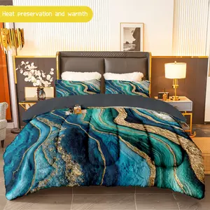 3pcs (1 comforter + 2 pillowcases) Blue Gold Marble Flannel & Milk Velvet Comforter Set, Soft Warm Cozy Bedding Set for Adults, Trendy Milk Velvet Bedding Essentials