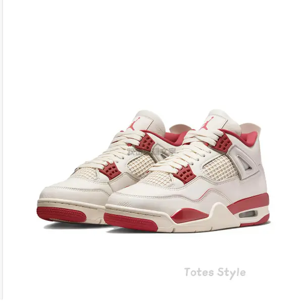 Retro Mid-Top Basketball Shoes in Pale Ivory Smooth Leather with Mesh Side Panels and Sierra Red Midsole and Outsole Accents