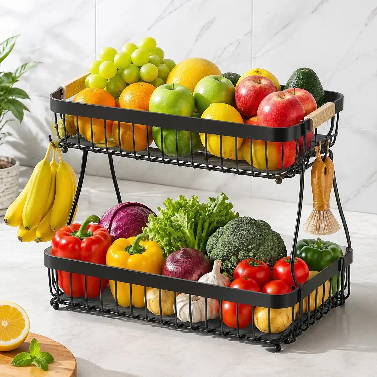 2-Tier Fruit Basket with 2 Banana Hangers, Large Metal Fruit Bowl Stand with Wooden Handle, Detachable Countertop Fruit & Vegetable Storage Basket for Bread, Snacks, Produce, Black