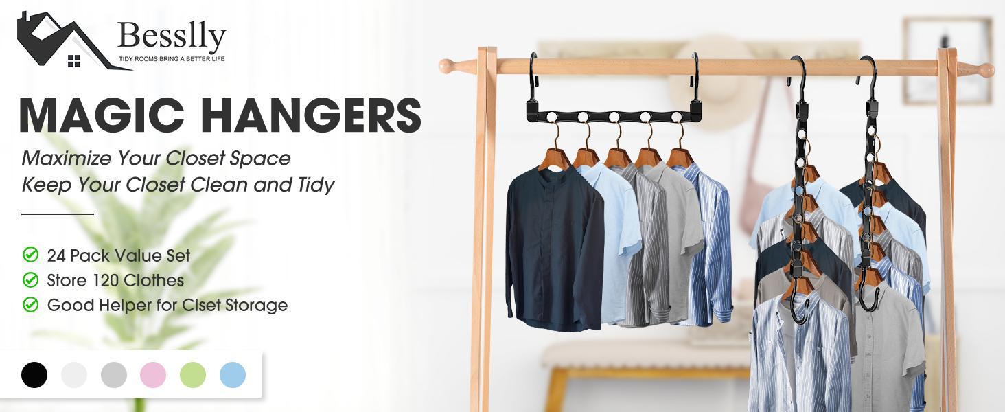 24 Pack Hangers Space Saving Magic Space Saver Hangers Black White Grey | Smart Clothes Hanger Organizer Closet Organizers and Storage for Closet Wardrobe Apartment College Dorm Room Essentials