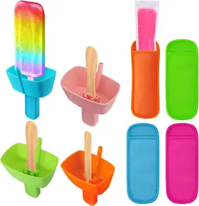 8Pcs Silicone Popsicle Holders with Straw & Neoprene Ice Pop Sleeves Set | No Drip No Mess Freeze Pop Holder for Kids Toddlers | Reusable BPA-Free Summer Ice Cream Accessories