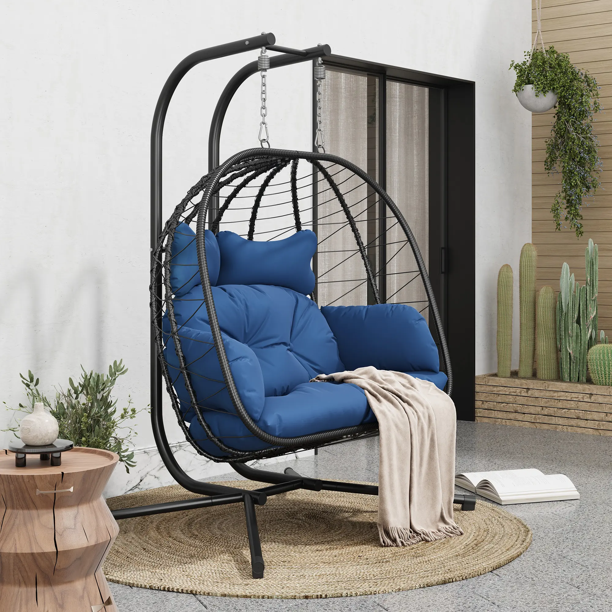 Double Egg Swing Chair for Two with Cushions and Stand, Wicker Rattan Hanging Chair 700lbs Capacity, Waterproof & Sunproof for Patio Porch Balcony Garden Indoor,Summervibes