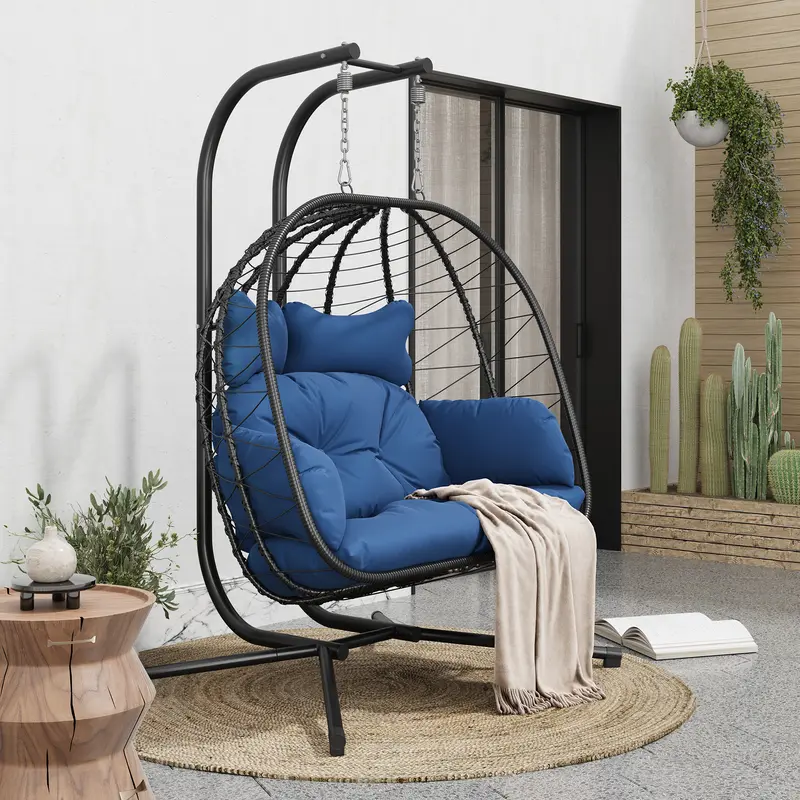 Double Egg Swing Chair for Two with Cushions and Stand, Wicker Rattan Hanging Chair 700lbs Capacity, Waterproof & Sunproof for Patio Porch Balcony Garden Indoor
