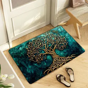 Cozy Indoor Entrance Tree of Life Doormat - Teal Marbled Golden Twisted Branches & Roots Design, Multi-Purpose Floor Mat for Entryway, Bathroom, Kitchen, Bedroom - Boho Rugs, Festive Home Decor with Natural Vibe