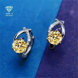 Stunning 925 Sterling Silver AAAAA CZ Yellow Stone HoopEarrings |Glamorous Party Jewelry