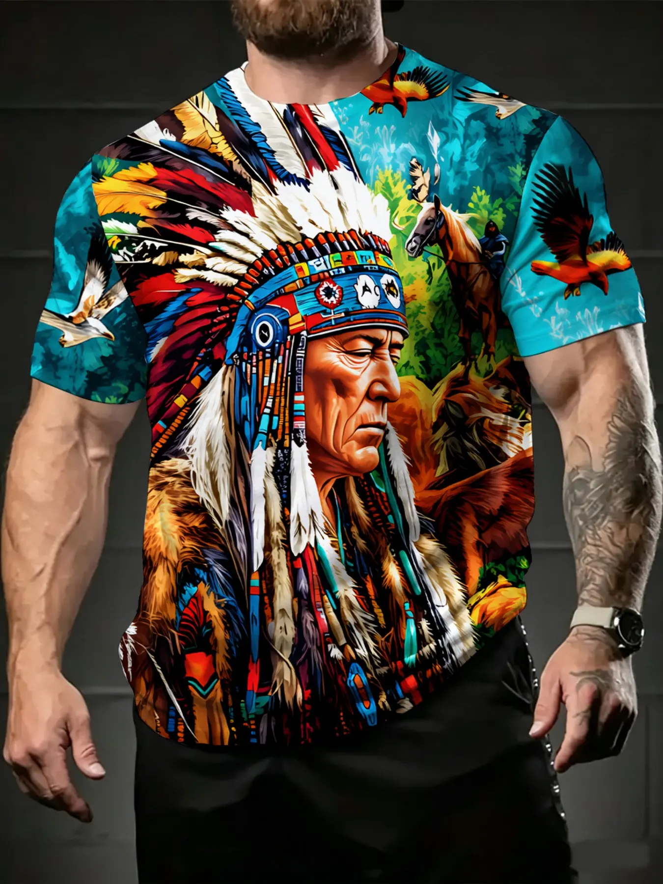 Men's Tribal Indian Chief Ethnic Cultural Graphic Round Neck T-Shirt, Bold Feather Headband Print, Casual Wear, Streetwear & Theme Party Top, Comfortable Fabric, Long Fitted Style, Casual Style Tee