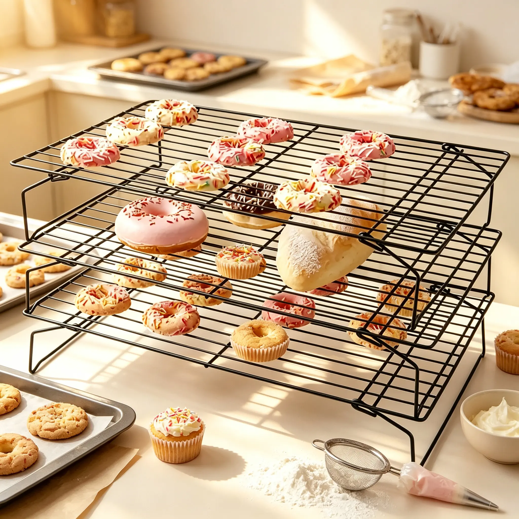 3-Tier Foldable Steel Cooling Rack, Non-Stick Kitchen Bake Rack for Cookies, Bread, Pastry, Cake & Outdoor BBQ Use