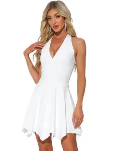 INSPIRE CHIC Women's Halter Deep V Neck Sleeveless Backless Skater Mini Dress