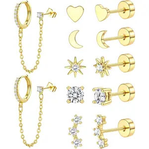 Florideco 6 Pairs Gold Flat Back Earrings for Women, Gold Plated Fashion Cartilage Stud Earrings, Multi-Piercing Hypoallergenic Small Huggie Hoop Earrings, Stackable Dangle Chain Exquisite Gold Earrings Set