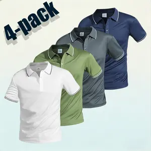 Men’s Contrast Trim Polo Shirt, Set of 4 — White/Green/Gray/Navy Blue, Short Sleeve, Business Casual