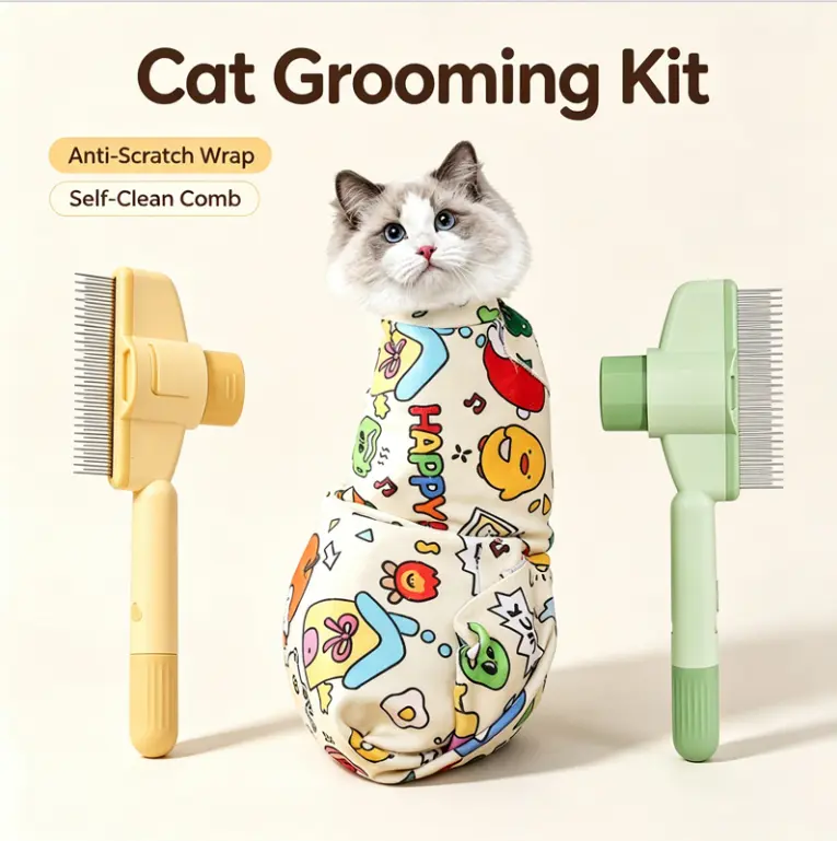 Cat Grooming Kit Set - Anti-Scratch Restraint Bath Wrap Bag, Self-Cleaning Slicker Brush, Pet Hair Remover Comb for Cat Nail Trimming & Bathing