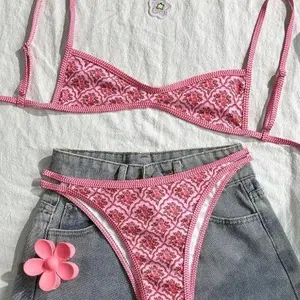 Women’s Pink Crochet Bikini Set – Vintage Floral Knit Two Piece Swimsuit, Adjustable Strap Triangle Top & High Cut Cheeky Bottom, Summer Beach Vacation Swimwear
