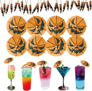 140 Pcs Halloween Pumpkin Cocktail Umbrella Picks - Spooky Fun Drink Stirrers, Fruit Cupcake Toppers for Festive Parties & Decorations (Black-Orange) Pack Set