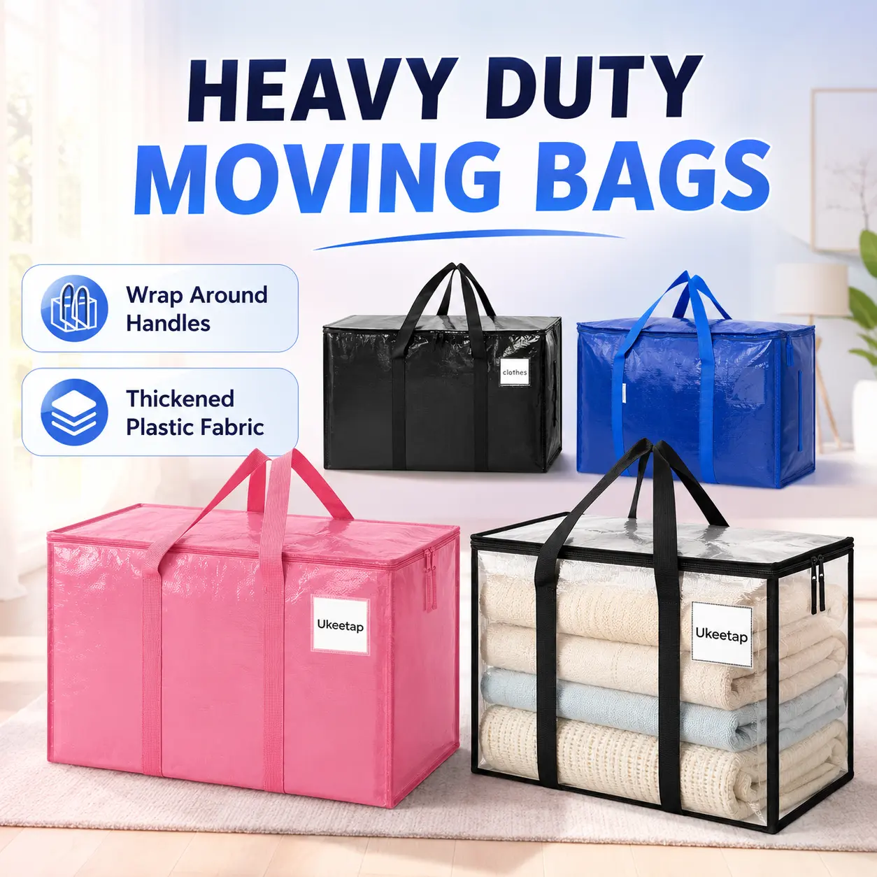 Extra Large Heavy Duty Moving Bags,Clear Storage Bins with Lids,Reinforced Handles&Heavy-Duty Zippers Moving Boxes Storage Bags Totes for Clothes Packing, Dorms,College Supplies,Clear foldable clothing storage box dust gift durable apartment Contai