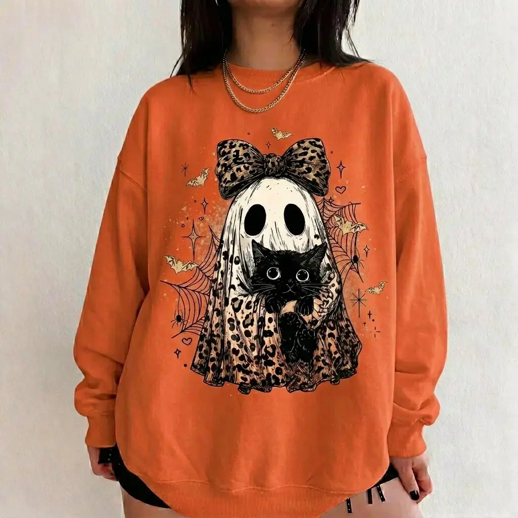 Women's Leopard Ghost Cat Halloween Casual Sweatshirt, Cute Spooky Black Cat Graphic Top, Coquette Bow Fall Outfit - JACKSON HOAI STORE, Tops