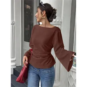 Casual loose flared-sleeve top with a lace-up waist design, solid-color women’s fashionable long-sleeve shirt, suitable for everyday wear
