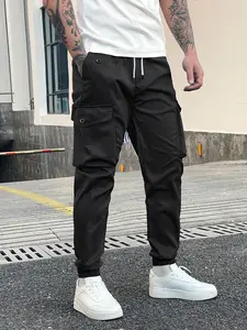 Men's Loose Fit Cargo Pants - Solid Black Color Drawstring Ankle, Casual Comfort for Daily Outdoor & All Season Wear Affordable Streetwear Menswear Plain Pants Men Chinos Trouser Beige Pants solid color solid color wide leg pant