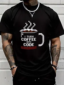 100% cotton Mens I Turn Coffee Into Code Funny Retro Pixel Style Coder Coding o-neck T-Shirt Men Graphic T-Shirt Cotton Print short Sleeve Casual Top, Summer Tee Mens Tops