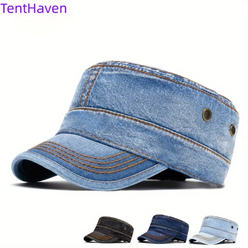 2026 new Korean washed denim military hat for men and women, outdoor sunshade flat top hat, casual sun protection duckbill hat