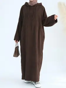 Women's Solid Drawstring Drop Shoulder Long Sleeve Hooded Kaftan Dress, Casual Pocket Long Sweatshirt Dress for Fall & Winter, Women's Islamic Clothing for Daily Wear, Modest Muslim Outfits