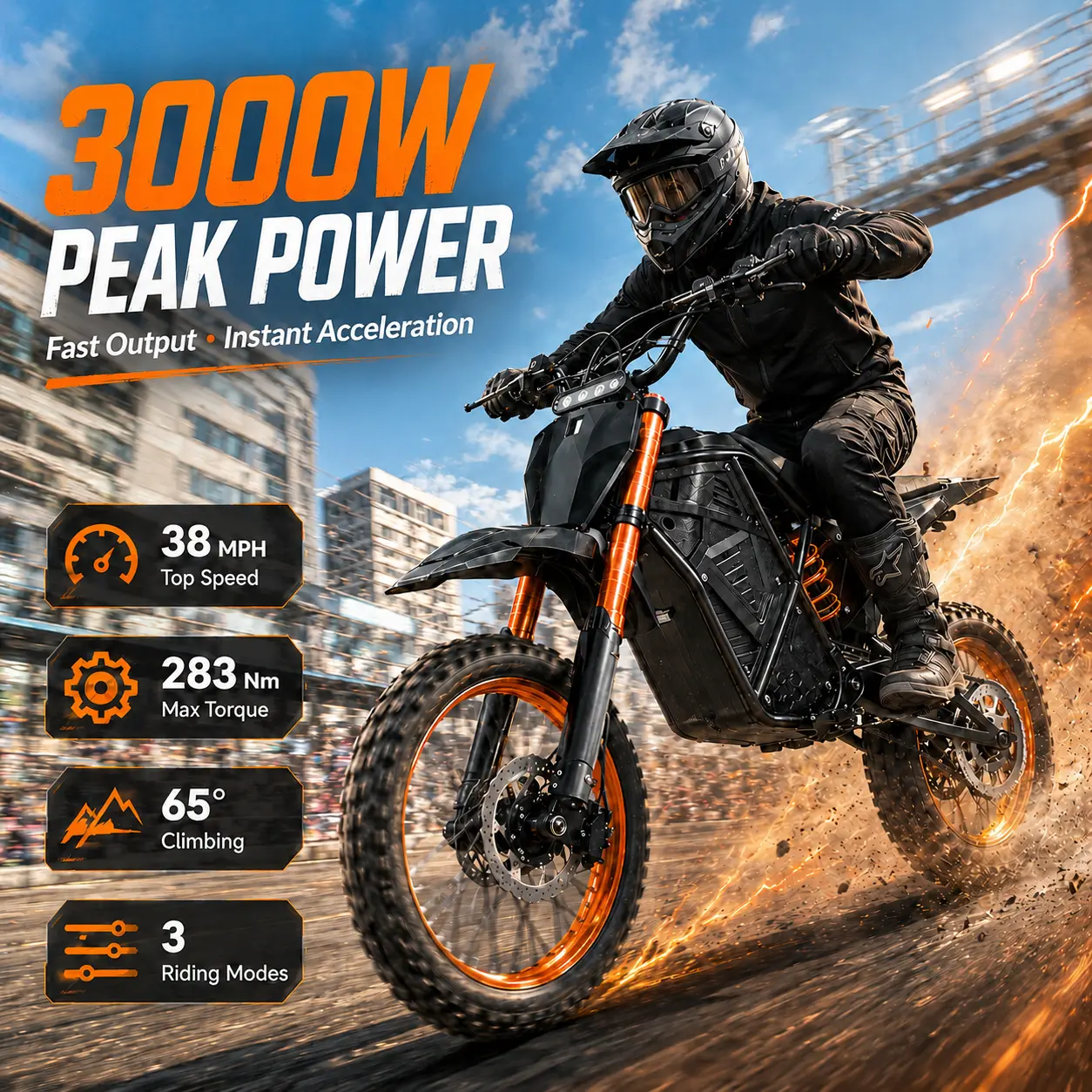 Unisex Off-Road Electric Dirt Bike - 3000W Motor, 38 MPH Top Speed, 30-40 mi Range, Dual Suspension, Dual Brake, 3 Riding Modes, 48V 20.8Ah Battery, Aggressive Look, Adult Ebike