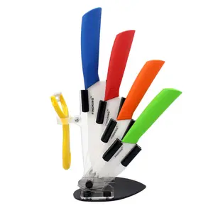 Findking White Blade 6Pcs Kicthen Ceramic Knife Set ,  3" 4" 5" 6 inch + Peeler + Acrylic Holder Stand, Kitchen Chef Knife Fruit Knife , Ceramic Blades with Colorful Cover, Chopping Cutting Slicing Dicing for Vegetable Fruit