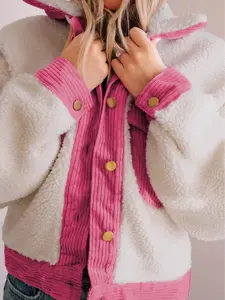 Multicolor Sherpa Corduroy Patchwork Button up Crop Jacket