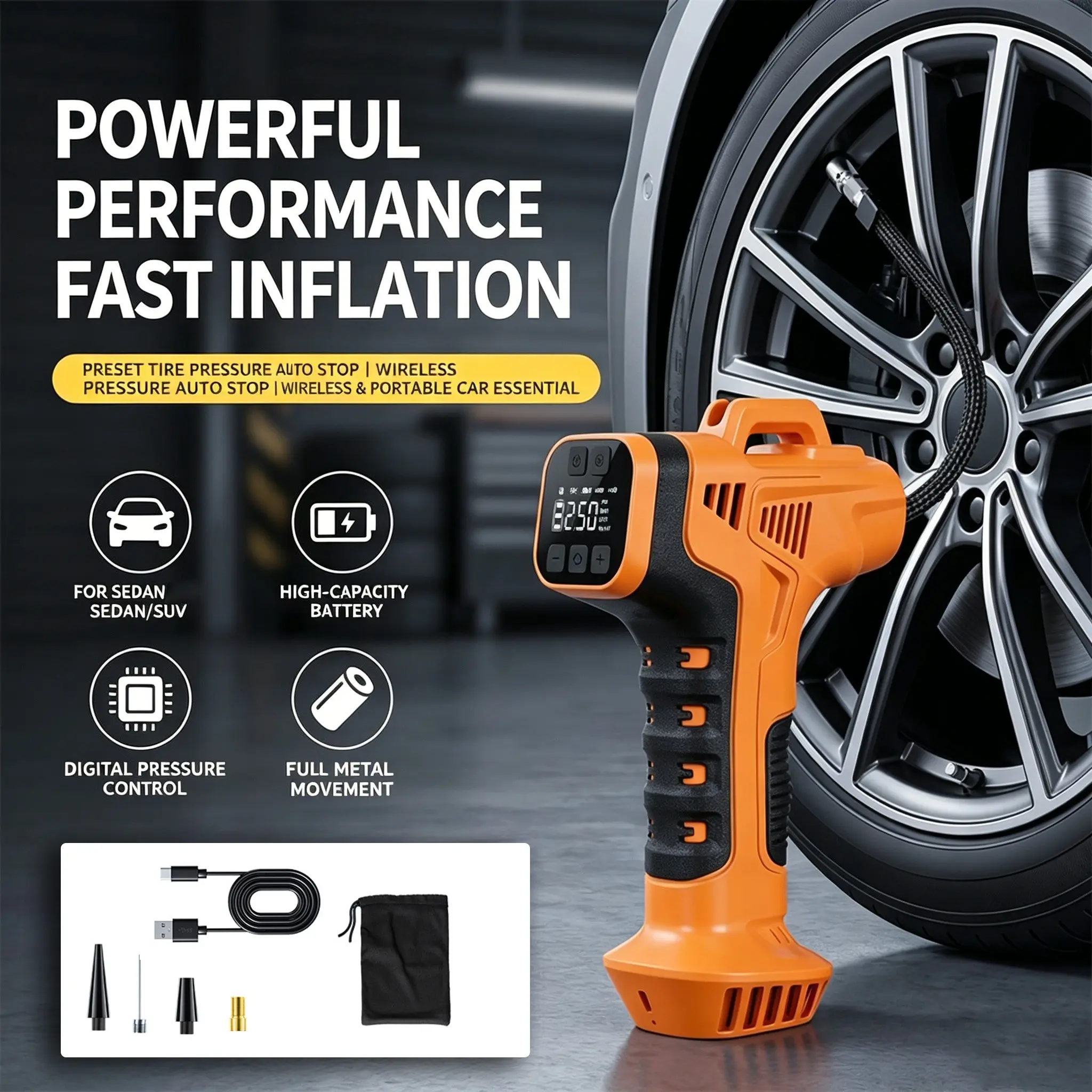 2026 NEW Cordless Tire Inflator, 150PSI Portable Air Compressor with Digital Display, 1500mAh*2 Rechargeable Battery, Auto Shut-Off, LED Emergency Light for Car, Motorcycle, Bike & Balls, Tire Inflation Tool