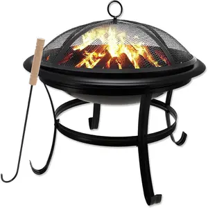 22 in Outdoor– Wood Burning Fire Pit with Mesh Lid and Fire Picker – Durable Alloy Steel Fire Pits for Outside – Small Fire Pit for Backyard, Porch, Deck, Camping, BBQ