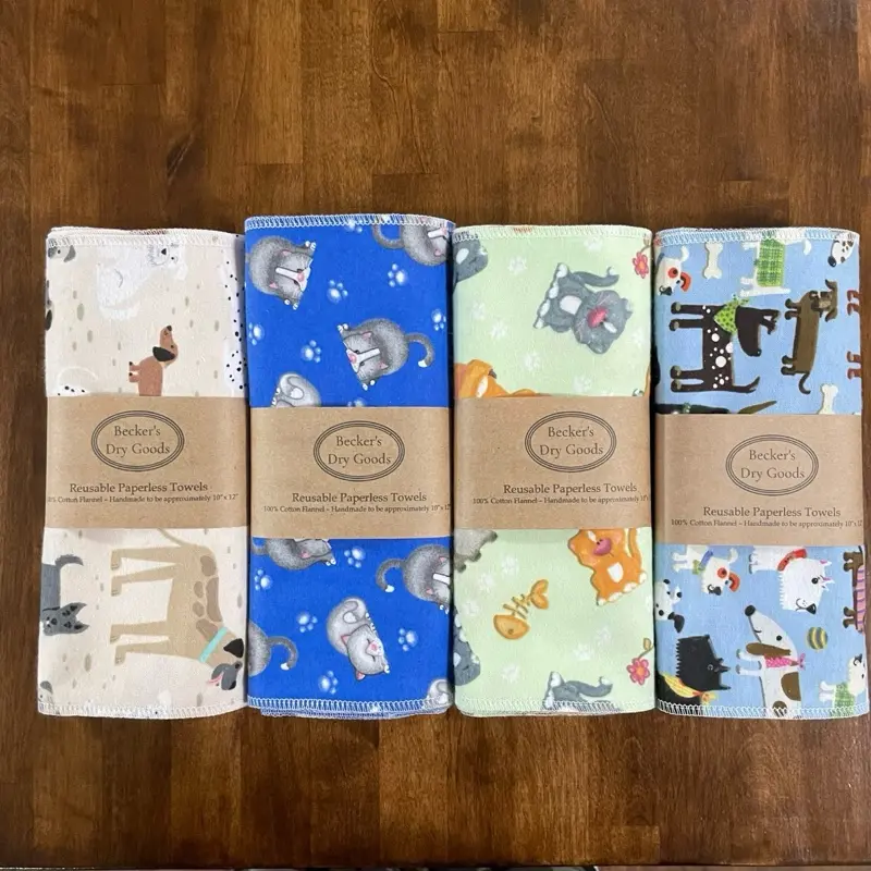 Cats and Dogs Towels 6 Pack - Eco-Friendly Reusable Kitchen Paper Towel Replacement Cotton Household Absorbent Cleaning