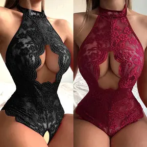 Sexy Lingerie For Lace Transparent Bra Perspective Crotchless Bodysuit Porn Costume Deep V Backless Underwear Set