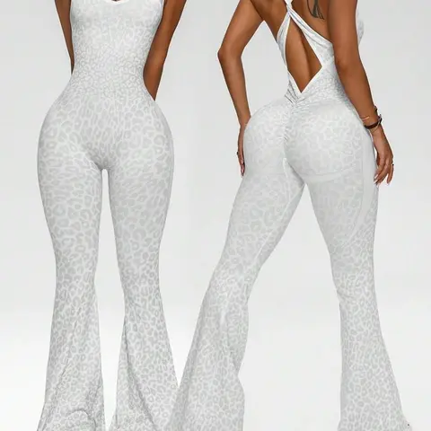 Women's Athletic Leopard Print Backless Flare Jumpsuit - Slim-Fit, Tummy Control, Sleeveless, Chic All-Seasons Gym Workout Overalls for Fitness Womenswear