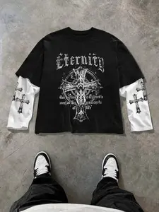 Men's Long Sleeve Graphic Crop Top, Gothic Metal Cross Pattern, Casual Loose Fit, Fall & Winter Thin T-Shirt, Unisex Streetwear