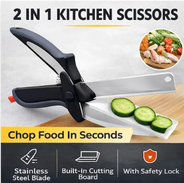 【Welfare】 2 in 1 Kitchen Scissors for Food- Multi-functional Stainless Steel Blade & Plastic Cutting Board Scissors with Safety Lock | 9.6"Fruit & Vegetable Cutter -Easy-to-Use Kitchen Shears for Meat, BBQ,Cheese, Easy-to-Clean,Holiday Gift