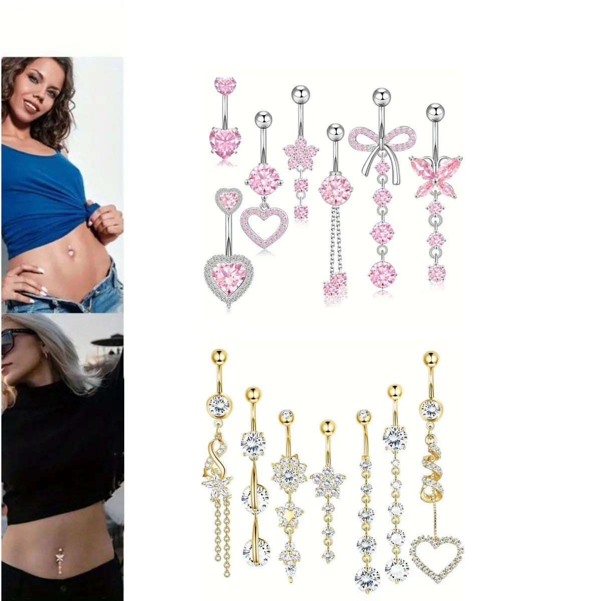 Dangle Belly Button Rings for Women, 7 Piece Set, 316L Surgical Steel Heart, Butterfly & Flower Navel Piercing Jewelry with Cubic Zirconia Gems, Belly Piercing Jewelry, Gems For Piercings